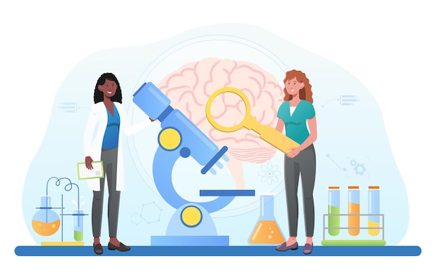 Vecteur scientifique de laboratoire étudiant et expérimentant le cerveau humain et la psychologie tomographie de tête mémoire