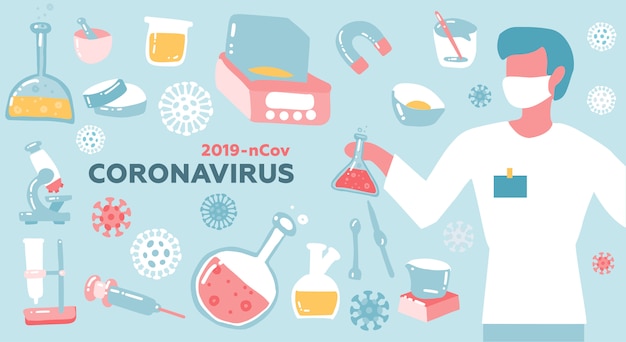 Un Scientifique Masculin Ou Un Médecin Recherche Le Coronavirus Cov En Laboratoire. Santé Et Médecine. Illustration Plate.