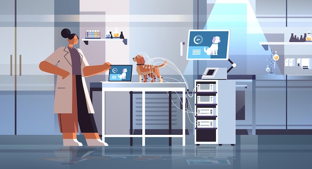 Scientifique ou vétérinaire faisant des expériences en laboratoire avec des recherches expérimentales en génie génétique biologique chez le chien