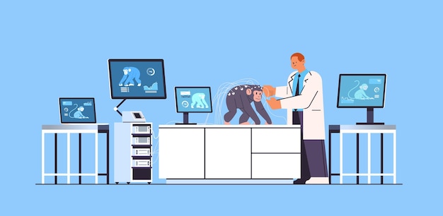 Scientifique ou vétérinaire faisant des expériences en laboratoire avec des recherches expérimentales sur le génie génétique biologique des singes