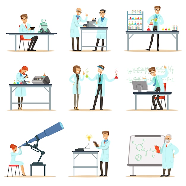 Scientifiques Au Travail Dans Un Laboratoire Et Un Ensemble De Bureaux De Personnes Souriantes