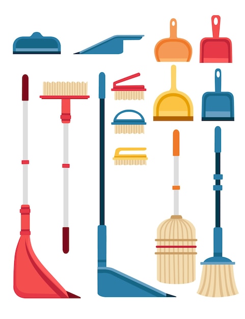 Scoop Et Brosse Pour Balayer L'équipement Pour Les Travaux Ménagers Ensemble D'outils De Nettoyage Colorés Illustration Vectorielle Plane Isolée Sur Fond Blanc