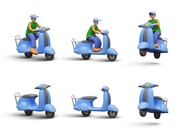 Scooter bleu dans différentes positions homme sur scooter concept de livraison de courrier