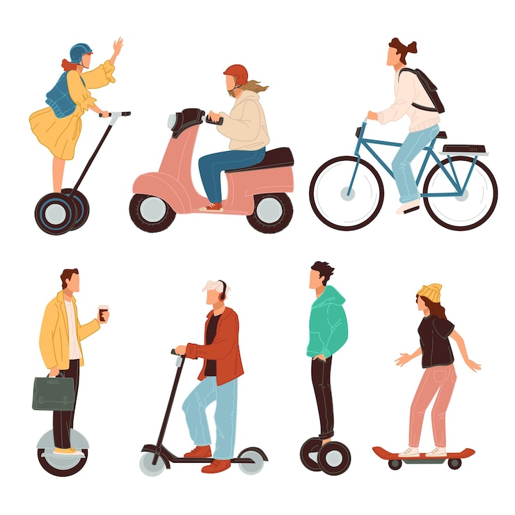Vecteur scooters et vélos, gyroboards et skateboards, transport écologique électrique en ville