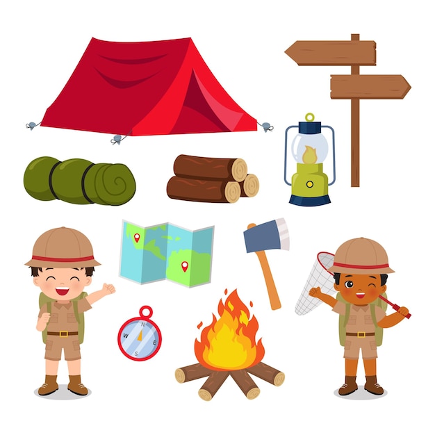 Scout de garçon et équipement de camping mis en clipart de camp d'été Conception de dessin animé de vecteur plat