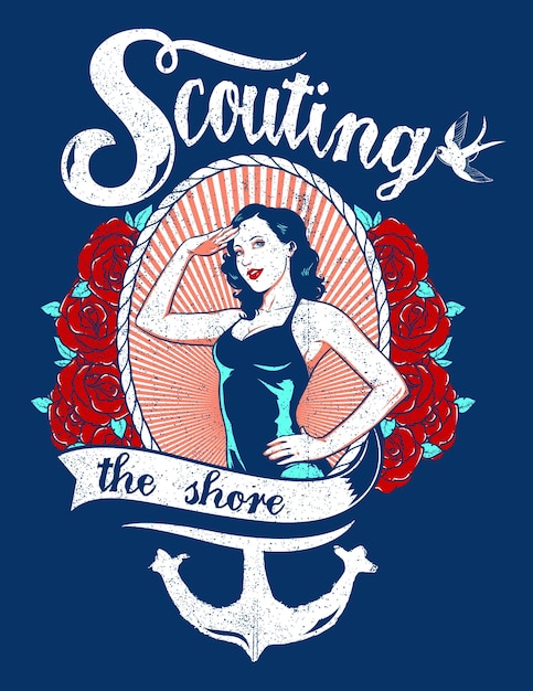 Vecteur scouting the shore pin-up avec des roses et une ancre