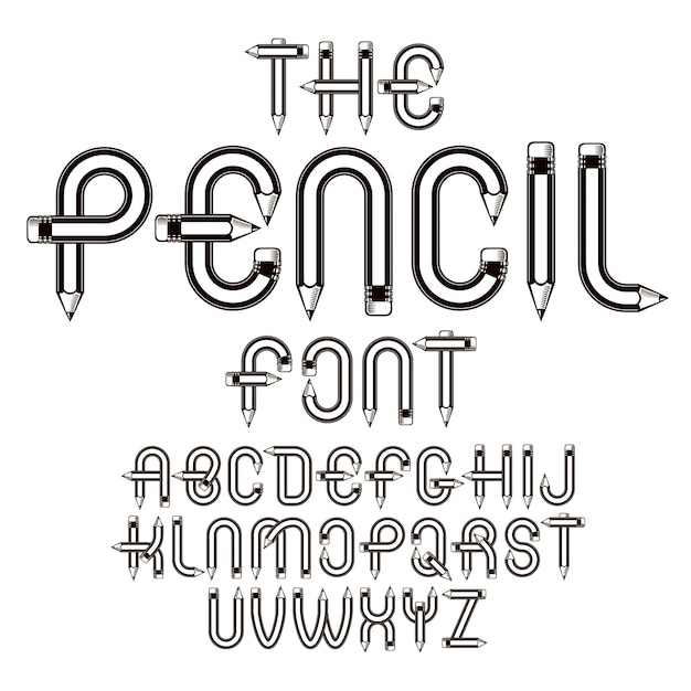 Script Vectoriel, Ensemble De Lettres De L'alphabet Moderne Construit Avec Des Crayons Pointus, Conception D'outils De Bureau. Peut être Utilisé Pour La Création De Logo Dans Les Entreprises D'ingénierie Ou De Construction