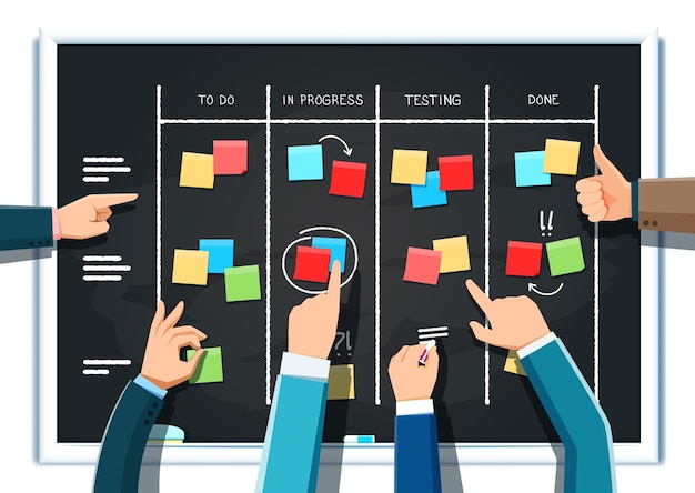 Vecteur scrum board avec plan de travail des mains de l'homme d'affaires