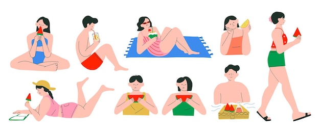Vecteur se détendre en été sur la plage illustration de boire de la noix de coco dans une couverture de plage en mangeant de la pastèque nager