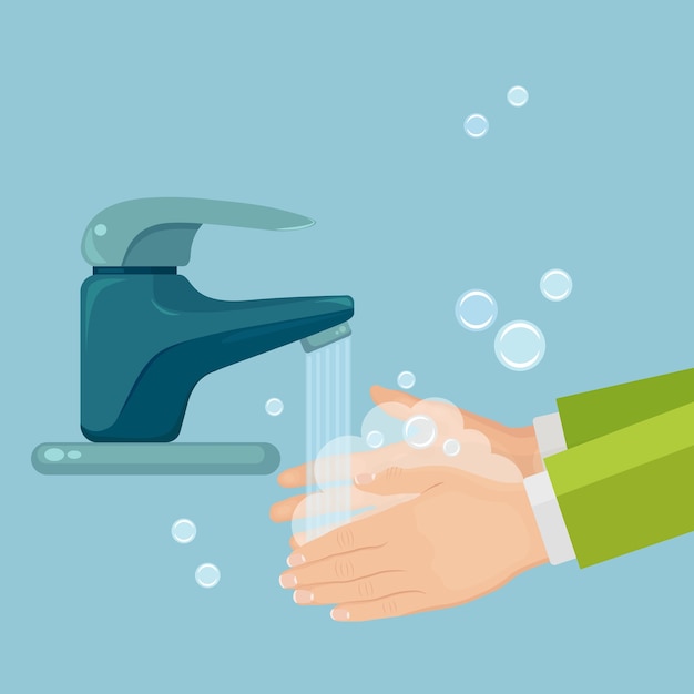 Se laver les mains avec de la mousse de savon, gommage, bulles de gel. Robinet d'eau, fuite de robinet. Hygiène personnelle, concept de routine quotidienne. Corps propre