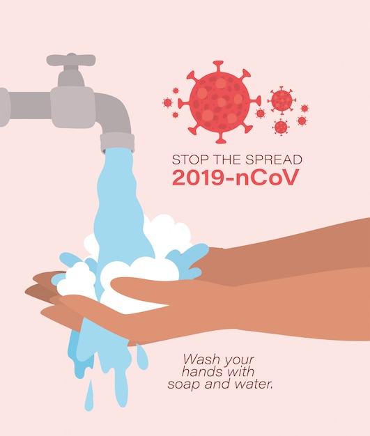 Se laver les mains sous l'eau du robinet et arrêter la propagation avec la conception de texte du virus ncov 2019