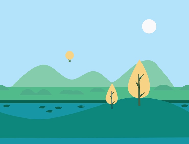 Vecteur seamless cartoon nature river landscape, illustration vectorielle plane