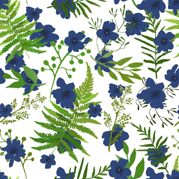Seamless Floral Background Fleurs Bleues Avec Des Feuilles Vertes Sur Fond Blanc Pour Les Impressions