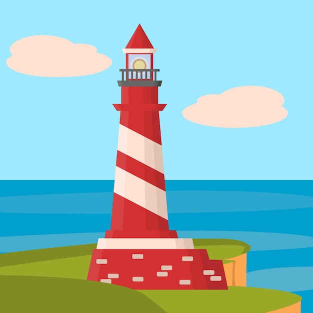 Seascape Au Centre Est Un Phare Rouge Et Blanc Entouré De Rochers Dans Un Style Plat Vector Im