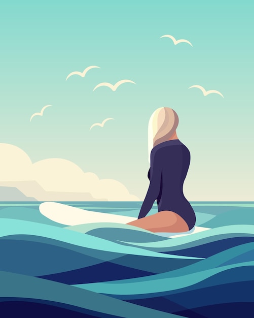 Seascape Girl Surfeur Est Assis Sur Une Planche De Surf Sur Les Vagues De L'océan Concept De Loisirs Actifs