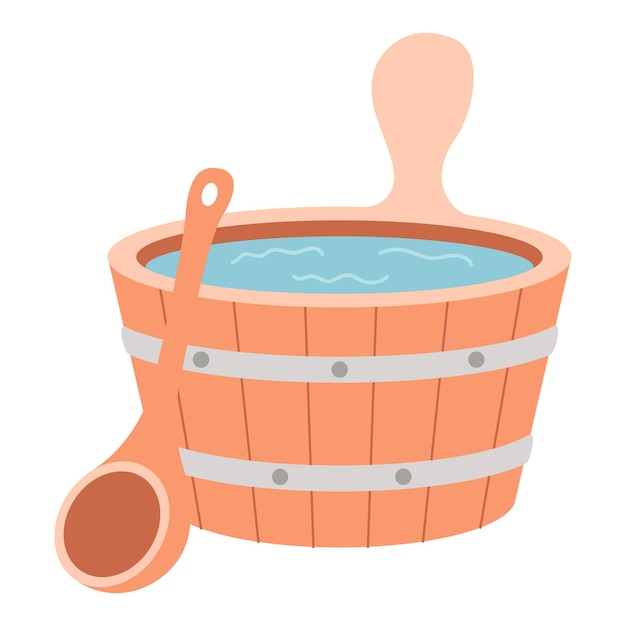 Seau en bois avec de l'eau et une cuillère pour le bain et le sauna Illustration vectorielle