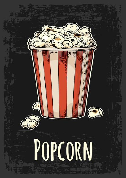 Seau En Carton Plein De Pop-corn Avec Titre Illustration De Gravure Vintage Couleur Vectorielle Isolée Sur Fond Noir Pour L'affiche Web Du Menu