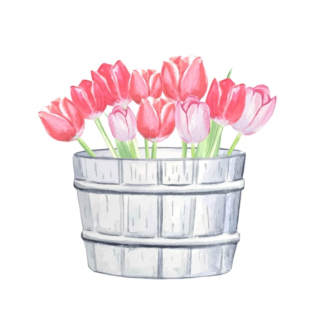 Seau Avec Illustration Aquarelle De Tulipes