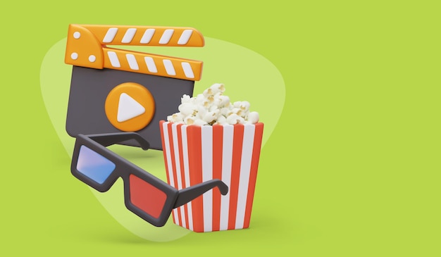 Vecteur un seau de pop-corn 3d, des lunettes anaglyphiques, un film pratique avec des collations