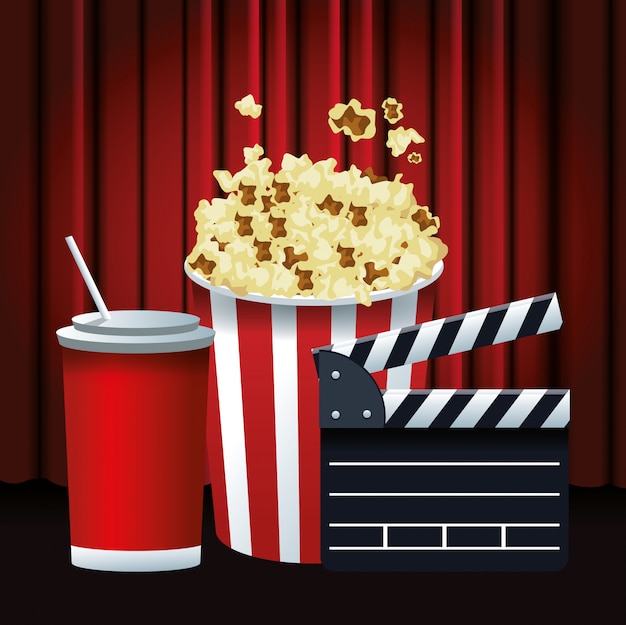 Vecteur seau de pop-corn avec tasse de soda et bardeaux sur rideaux de cinéma rouges