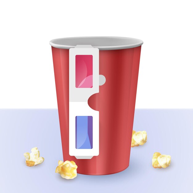 Vecteur seau à pop-corn vide et verres sur fond blanc, illustration réaliste