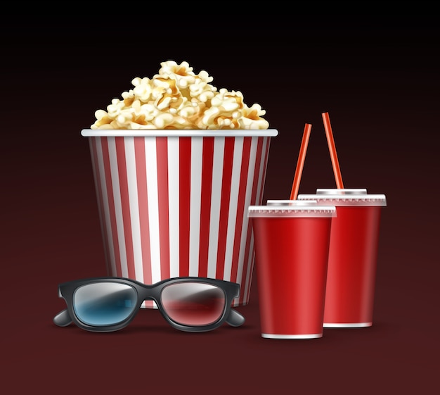 Seau Rayé Blanc Et Rouge De Vecteur De Pop-corn Avec Des Lunettes 3d Et Deux Boissons Bouchent La Vue Latérale Isolée Sur Fond Gris