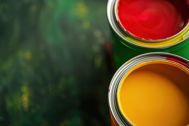 Des seaux de peinture ouverts, des boîtes avec un pinceau isolé sur fond blanc