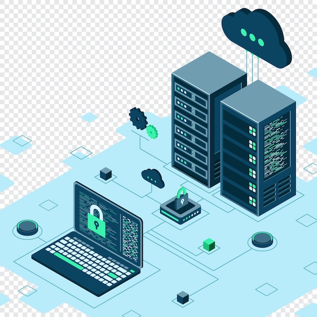 Sécurité des données informatiques Concept isométrique de sécurité Internet Salle de serveurs connectée à un ordinateur portable via un hub protégé Technologie numérique Internet informatique Illustration vectorielle