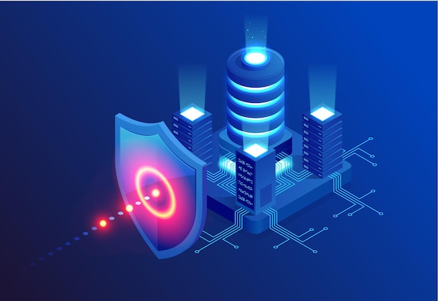 Sécurité du réseau de protection isométrique et sécurisation de votre concept de données Modèles de conception de pages Web Cybersécurité Crime numérique par un pirate anonyme Illustration vectorielle