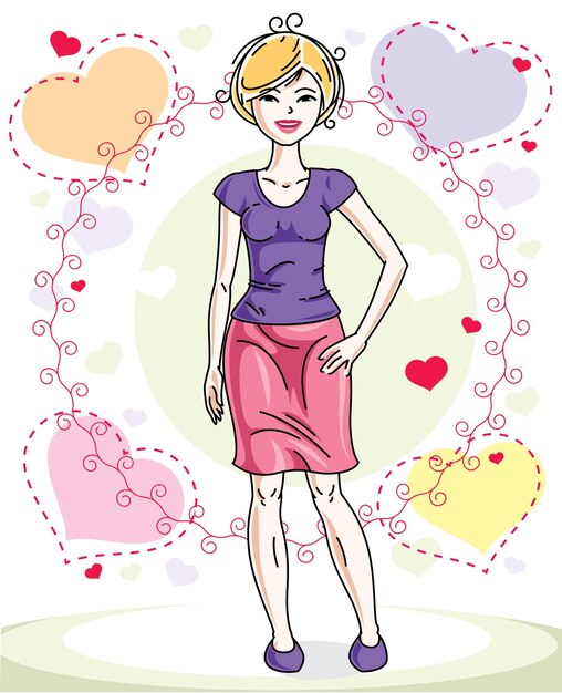 Vecteur séduisante jeune femme blonde adulte debout sur fond coloré avec des coeurs romantiques de la saint-valentin dans des vêtements décontractés. illustration humaine de vecteur.