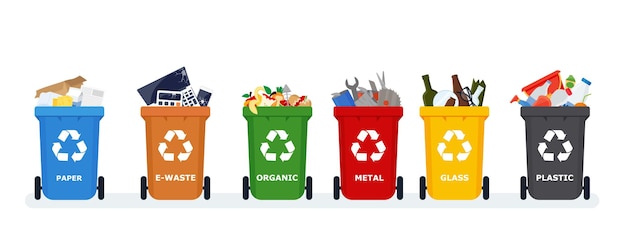 Vecteur ségrégation des déchets tri des déchets par matériau et type dans des poubelles colorées utilisation des déchets et concept de sauvegarde écologique