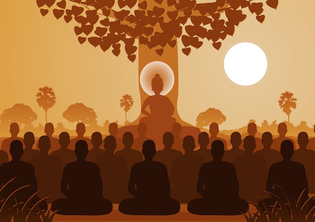 Seigneur du Bouddha en médiation avec la foule de moine