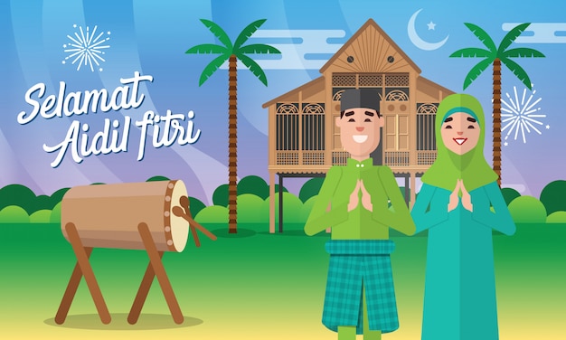 Selamat hari raya aidil fitri carte de voeux en illustration de style plat avec caractère de couple musulman avec maison de village malaise traditionnelle / Kampung, cocotier et tambour