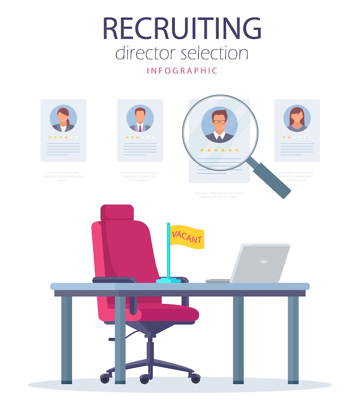Vecteur sélection de directeur de recrutement infographique vacant.