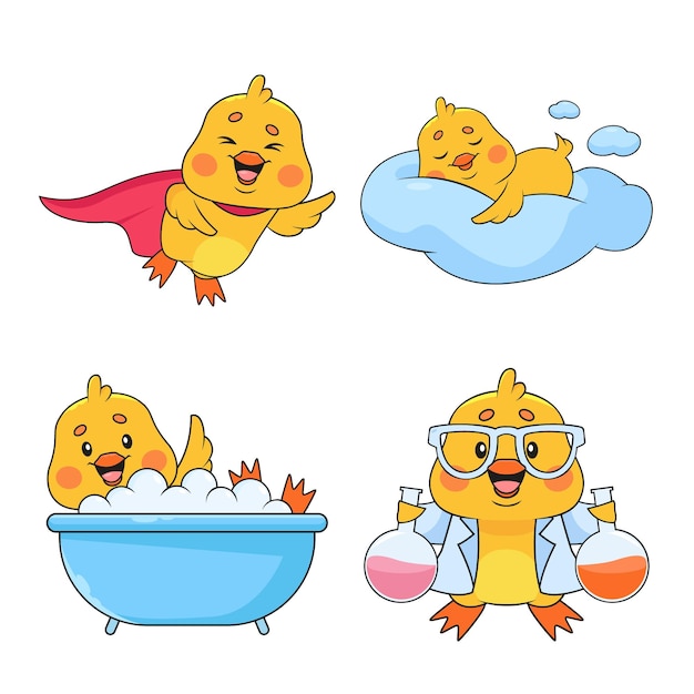 Sélection De Poulets De Dessin Animé Dessinés à La Main Volant Avec Une Cape Dormant Sur Un Bain De Nuage Tenant Des Flacons