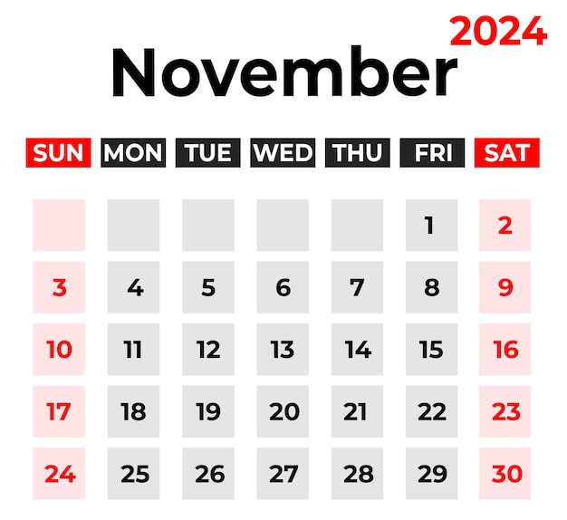 La Semaine De Conception Du Calendrier Mensuel De Novembre 2024 Commence à Partir De Dimanche