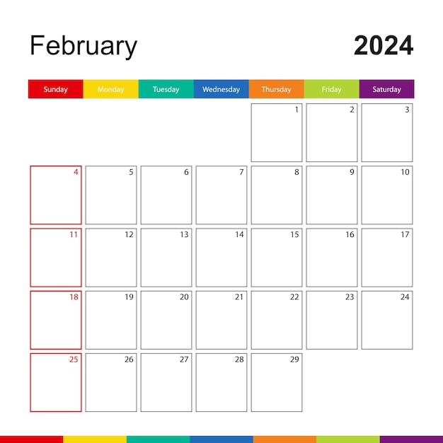 Vecteur la semaine du calendrier mural coloré de février 2024 commence le dimanche.