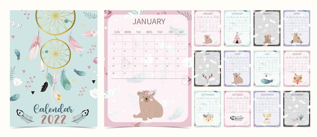 La semaine du calendrier de table 2022 mignonne commence le dimanche avec un ourson qui utilise le format A4 A5 numérique vertical et imprimable