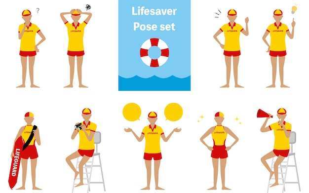 Senior Female Lifesaver Posent Des Questions Inquiétantes Encourageant Pointant Etc