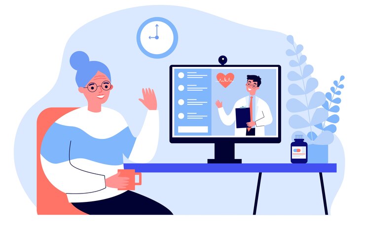 Vecteur senior lady consulting doctor en ligne