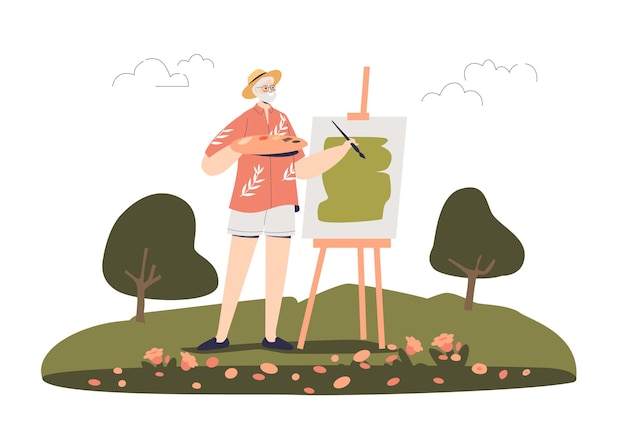 Senior man painting photo à l'extérieur en illustration en plein air