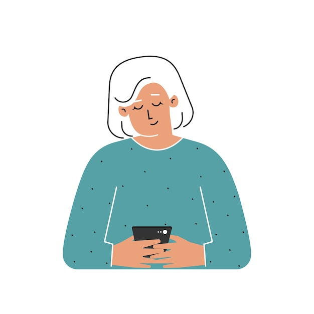 Vecteur senior woman écrit un message sur smartphone