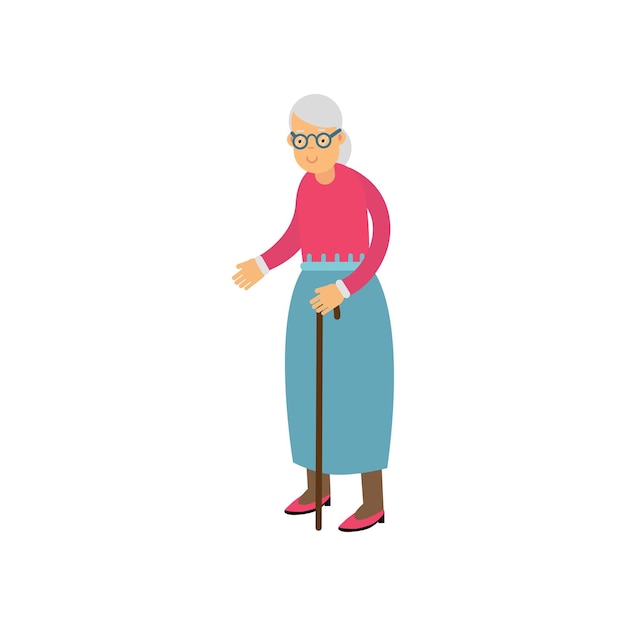 Senior Woman Standing With Canne, Retraité Personnes Loisirs Et Activité Vector Illustration Isolé Sur Fond Blanc