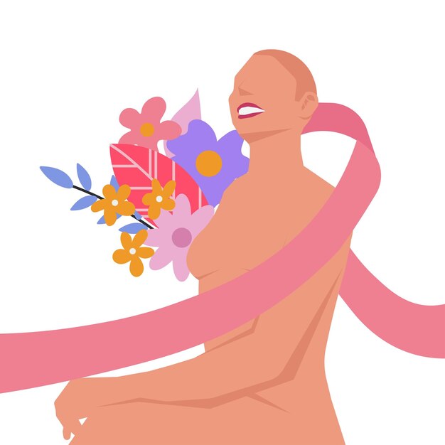 sensibilisation au cancer du sein ruban rose combattants de la confiance du corps féminin en illustration plate