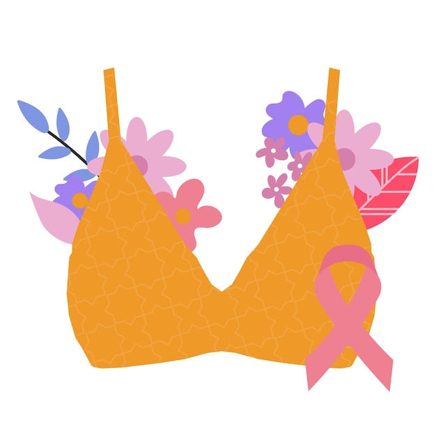 Sensibilisation Au Cancer Du Sein Ruban Rose Soutien-gorge Symbole Floral En Illustration Plate