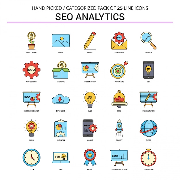 Seo Analytics Flat Line Icon Set