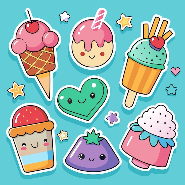 Sept autocollants de style kawaii de différentes saveurs de crème glacée avec des visages heureux