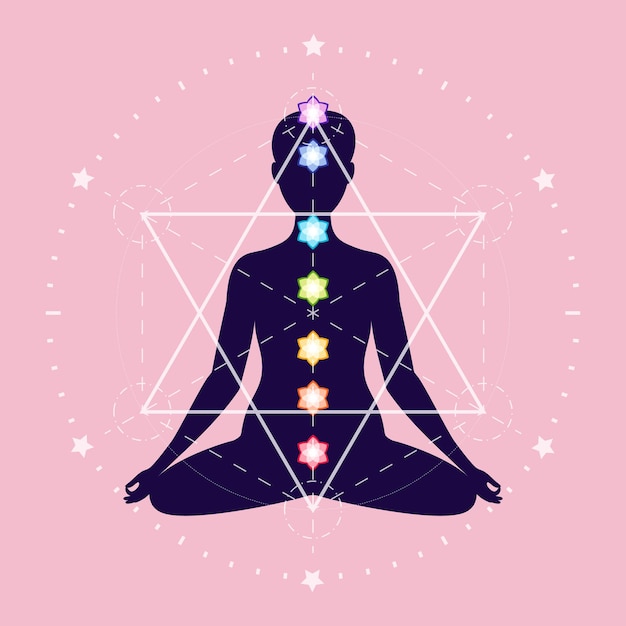 Sept Chakras Sur La Silhouette De Yogi Méditant D'une Femme Assise En Position Du Lotus