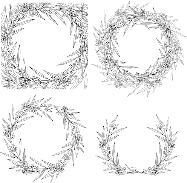 Ser d'un cadre floral circulaire et carré avec des feuilles et des fleurs contourné illustration vectorielle en noir et blanc dessinée à la main pour invitation de mariage et cartes conception de logo et modèle de tatouage d'affiches