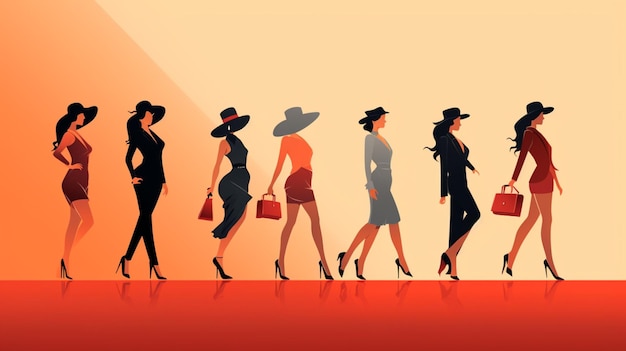 Vecteur une série de femmes marchant en ligne avec des chapeaux sur leurs têtes